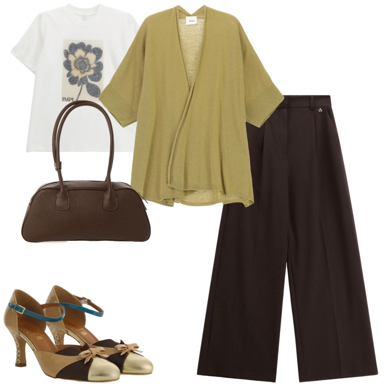 Outfit donna - City. Stile Urban per Tutti i giorni. Abbinamento con t-shirt, décolleté, cardigans, pantaloni a palazzo, borse a mano.