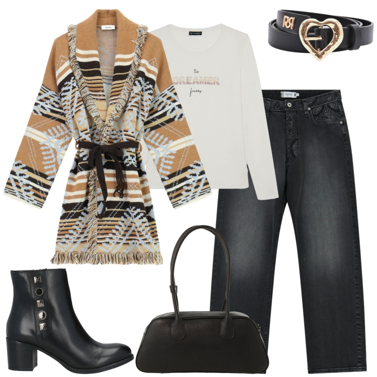 Outfit donna - Febbraio. Stile Casual chic per Tutti i giorni. Abbinamento con stivaletti, cardigans, borse a mano, t-shirt, jeans dritti, cinture.