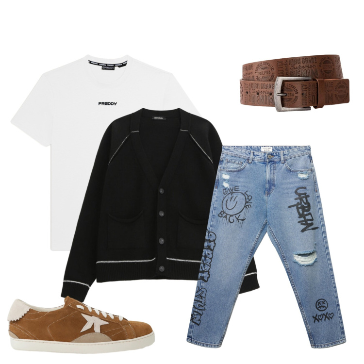 Outfit uomo - Cardigan Relax e Street Details. Stile Urban per Tutti i giorni. Abbinamento con cinture, sneakers, cardigans, jeans strappati, t-shirt.