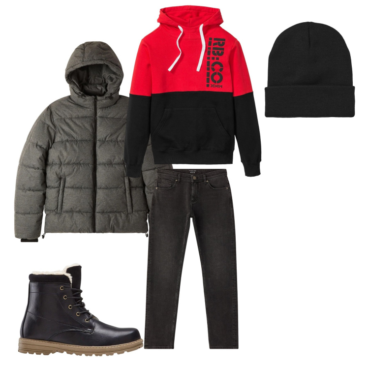 Outfit uomo - Streetwear Energetico in Rosso e Nero. Stile Urban per Tutti i giorni. Abbinamento con stivali e stivaletti, felpe con cappuccio, jeans, bomber, berretti.