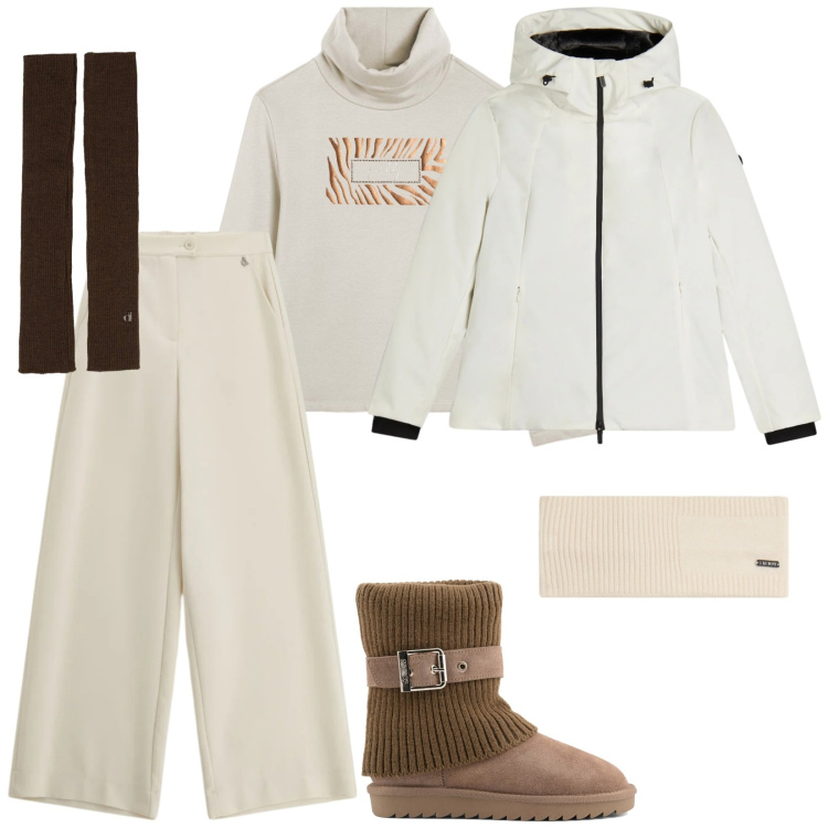 Outfit donna - Settimana bianca. per Tutti i giorni. Abbinamento con guanti, pantaloni a palazzo, accessori per capelli, bomber, felpe, stivaletti.