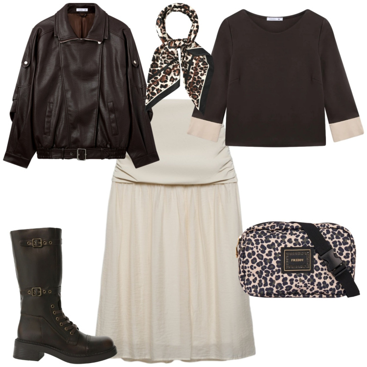 Outfit donna - Chic rock cioccolato crema. Stile Rock per Tutti i giorni. Abbinamento con stivali, gonne longuette, t-shirt, foulard, giacche, marsupi.