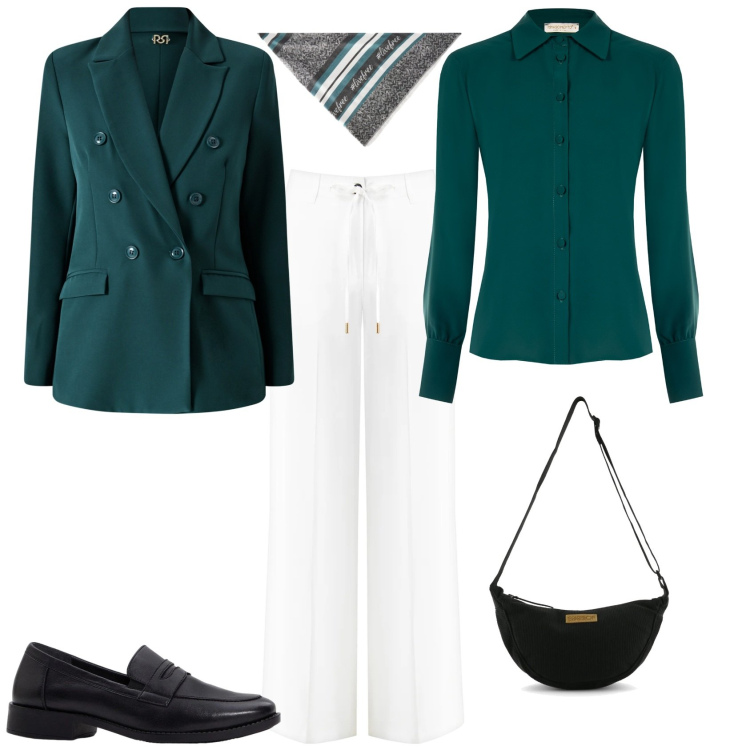 Outfit donna - Trendy ufficio tempo libero. Stile Trendy per Ufficio. Abbinamento con mocassini, foulard, blazer, camicie, pantaloni, borse a tracolla.
