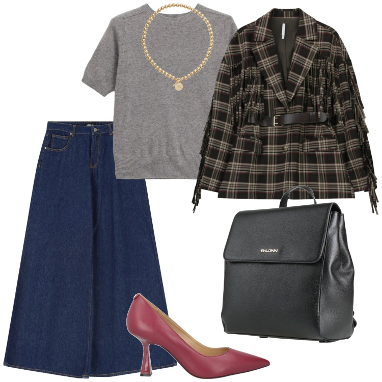 Outfit donna - Jeans in ufficio. per Serata fuori. Abbinamento con zaini, décolleté, blazer, jeans, maglieria, collane.