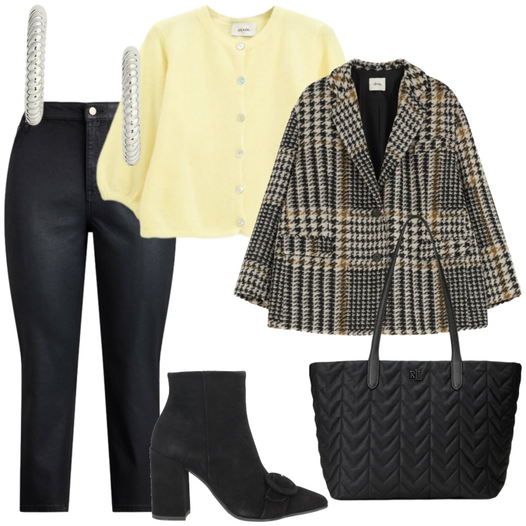 Outfit donna - Jeans in ufficio. per Ufficio. Abbinamento con stivaletti, blazer, cardigans, borse tote, orecchini, jeans dritti.