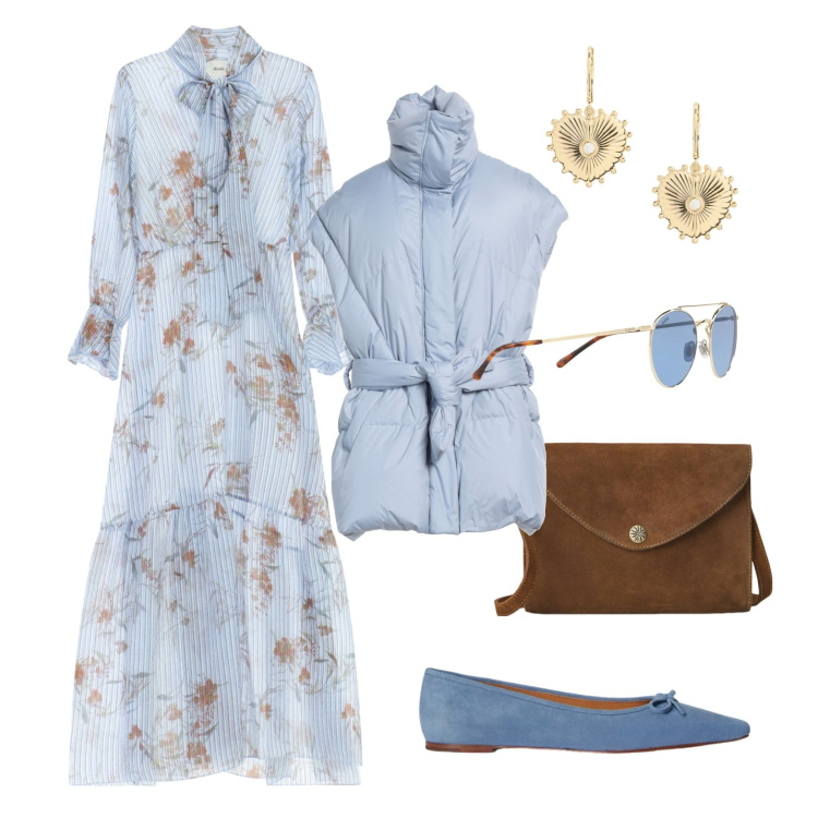 Outfit donna - Tessuti morbidi. Stile Romantica per Tutti i giorni. Abbinamento con cinture, vestiti lunghi, borse a tracolla, ballerine, orecchini, occhiali da sole.