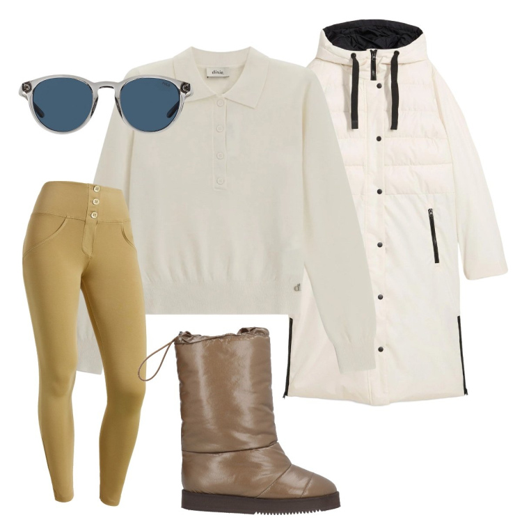 Outfit donna - Prendo il sole in montagna. Stile Sporty chic per Tutti i giorni. Abbinamento con stivali da neve, piumini, pullovers, pantaloni skinny, occhiali da sole.