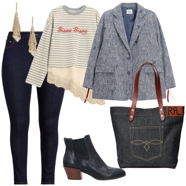 Outfit donna - Focus donna curvy. per Tutti i giorni. Abbinamento con stivaletti, borse tote, orecchini, jeans skinny, t-shirt, blazer.