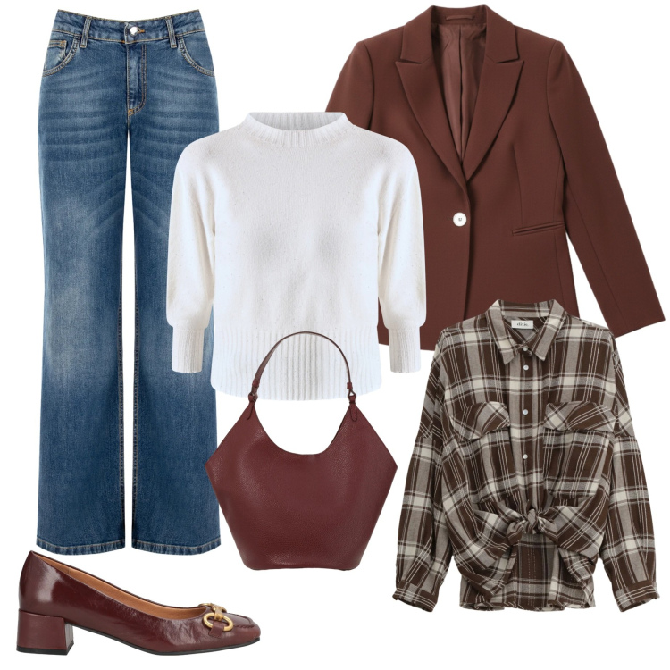 Outfit donna - In ufficio con i jeans. Stile Casual per Ufficio. Abbinamento con décolleté, camicie, borse a spalla, jeans, maglieria, blazer.