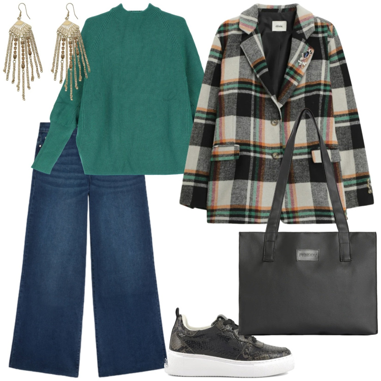 Outfit donna - Luce d\'inverno. per Tutti i giorni. Abbinamento con jeans, blazer, maglieria, orecchini, shopping bag, sneakers.