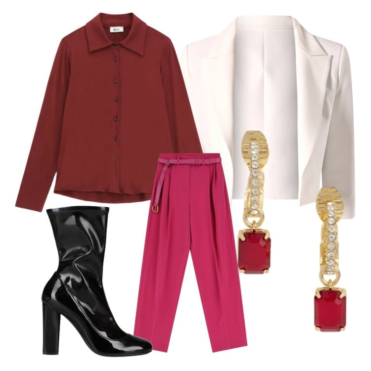 Outfit donna - Rosso non solo a S. Valentino. Stile Bon Ton per Serata fuori. Abbinamento con stivaletti, pantaloni a palazzo, camicie, blazer, orecchini.