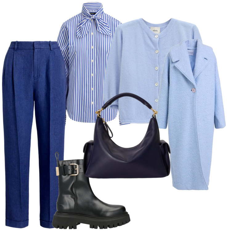 Outfit donna - Un tocco di luce. per Ufficio. Abbinamento con cappotti, stivaletti, cardigans, borse a spalla, camicie, pantaloni.