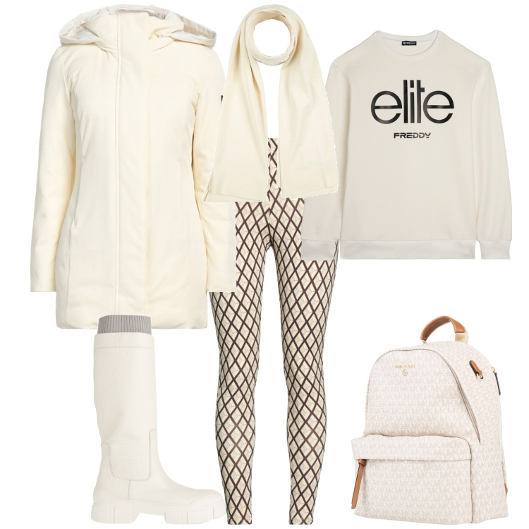Outfit donna - Bianco per la montagna. Stile Sporty chic per Tutti i giorni. Abbinamento con leggings, stivali, parka, zaini, sciarpe, felpe.