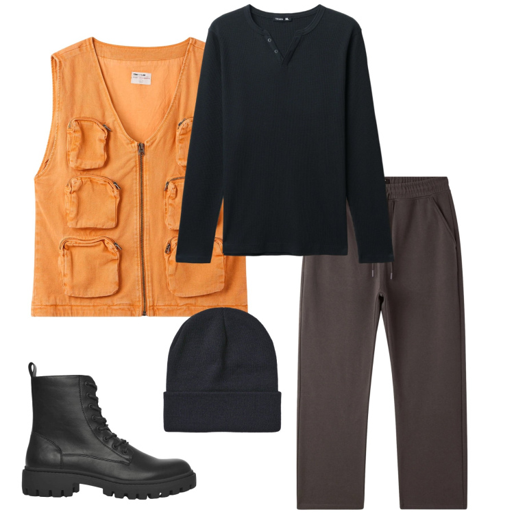 Outfit uomo - Utility Urban. Stile Casual per Tutti i giorni. Abbinamento con gilet, anfibi, t-shirt, berretti, pantaloni.