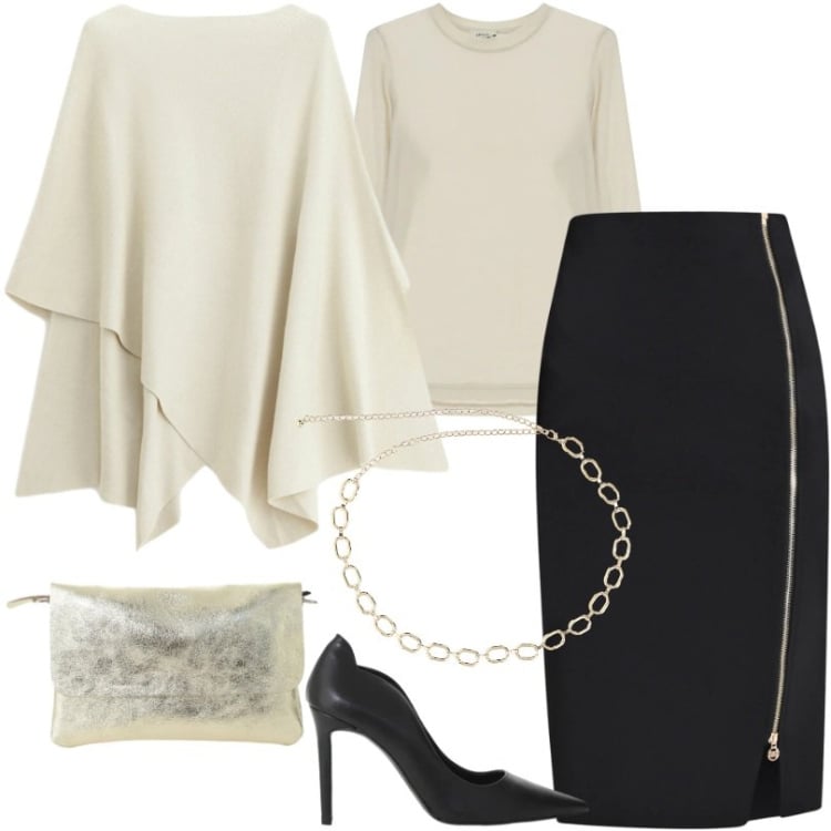 Outfit donna - Nero e burro. Stile Chic per Tutti i giorni. Abbinamento con maglieria, gonne, décolleté, borse a spalla, t-shirt, collane.