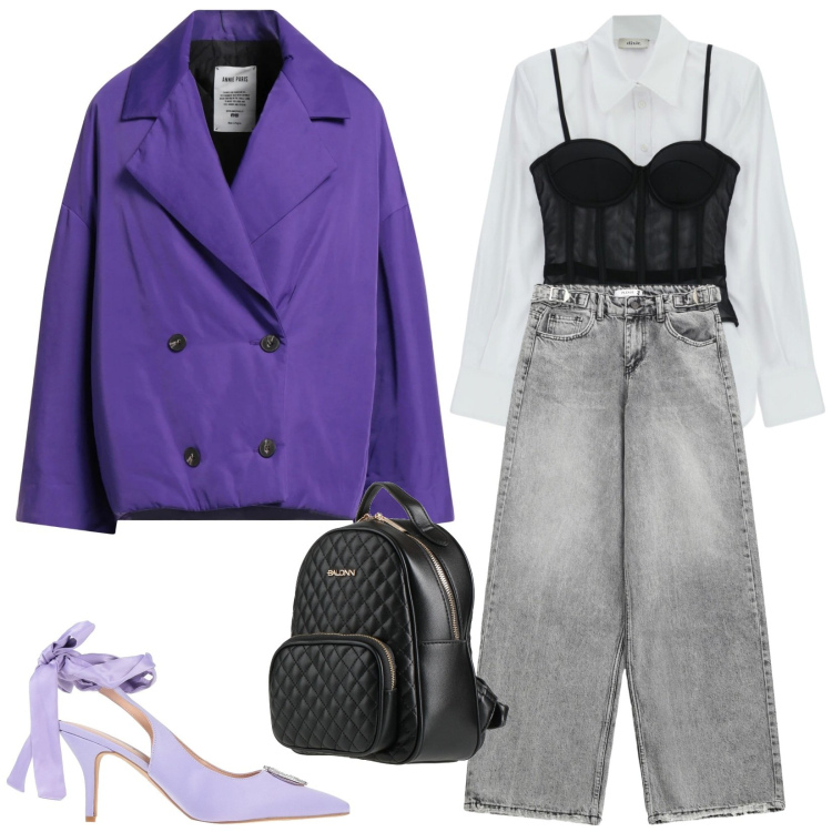 Outfit donna - Viola d\'inverno. Stile Trendy per Tutti i giorni. Abbinamento con caban, zaini, décolleté, camicie, jeans.