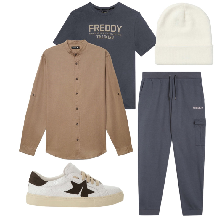 Outfit uomo - Workwear Moderno e Stratificato. Stile Urban per Tutti i giorni. Abbinamento con sneakers, berretti, camicie, pantaloni cargo, t-shirt.
