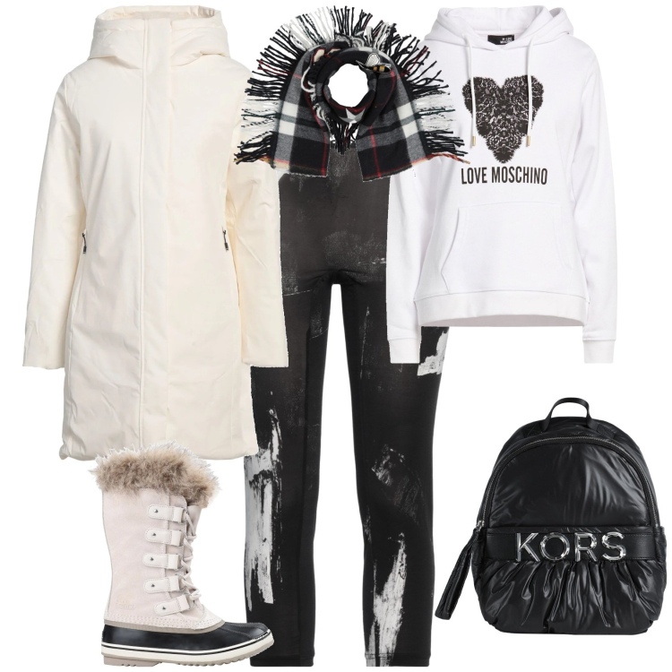 Outfit donna - Bianco e nero in montagna. Stile Sporty chic per Tutti i giorni. Abbinamento con parka, felpe con cappuccio, zaini, stivali da neve, leggings, sciarpe.