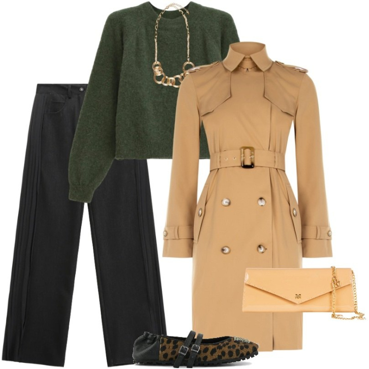 Outfit donna - Total look #2340007. Stile Casual per Tutti i giorni. Abbinamento con jeans, maglieria, collane, trench, pochette, ballerine.