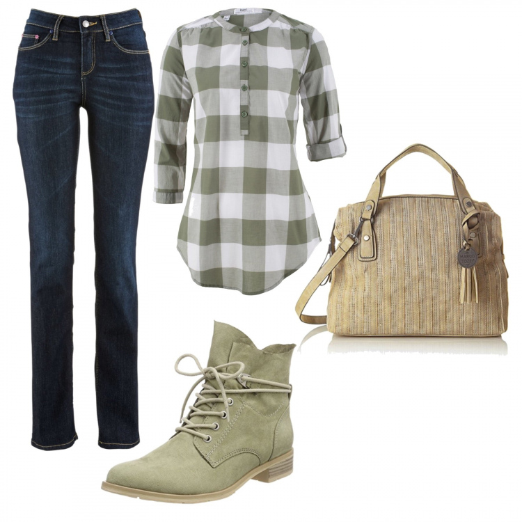 Outfit donna - Basic #1890. Stile Basic per Tutti i giorni. Abbinamento con jeans dritti, tunica a quadri verde, stivali verde, borsa a mano verde.