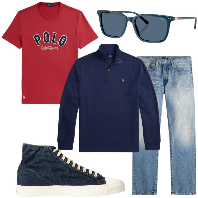 Outfit uomo - Tempo libero. Stile Trendy per Tutti i giorni. Abbinamento con sneakers, occhiali da sole, pullovers, jeans dritti, t-shirt.