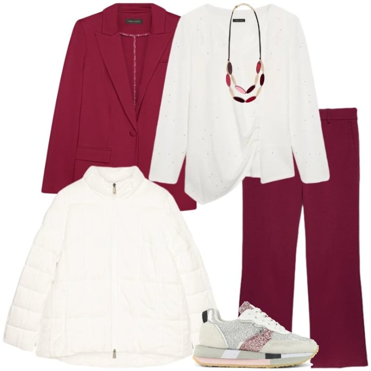 Outfit donna - Un look versatile e rilassato. Stile Casual per Ufficio. Abbinamento con t-shirt, pantaloni, piumini, blazer, collane, sneakers.