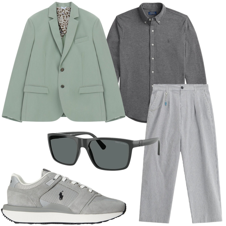 Outfit uomo - Il blazer verde salvia. Stile Trendy per Ufficio. Abbinamento con giacche, pantaloni, occhiali da sole, sneakers, camicie.