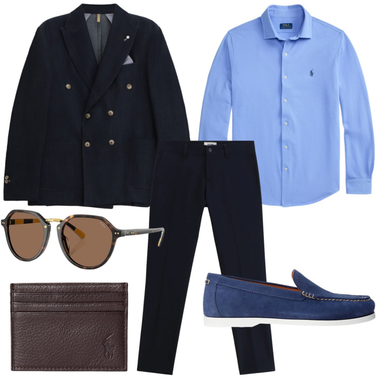 Outfit uomo - La giacca bul marines. Stile Trendy per Ufficio. Abbinamento con pantaloni, giacche, portafogli, occhiali da sole, scarpe stringate, camicie.