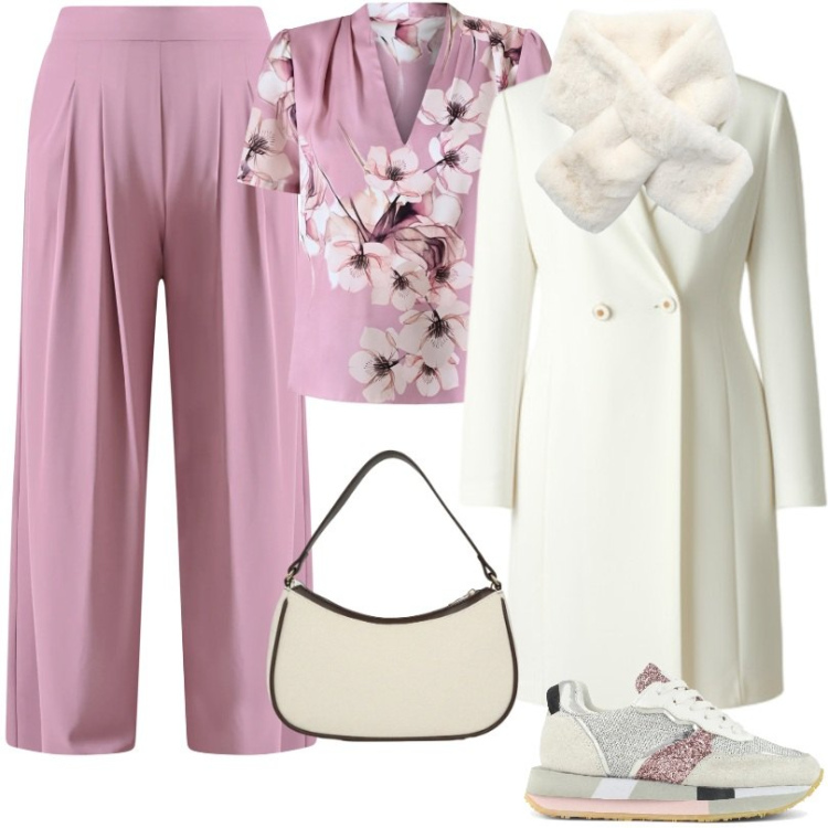 Outfit donna - Outfit romantico rilassato. Stile Sporty chic per Tutti i giorni. Abbinamento con sciarpe, borse a tracolla, bluse, cappotti, pantaloni a palazzo, sneakers.