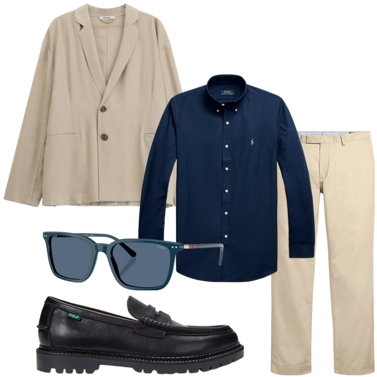 Outfit uomo - Beige e blu. Stile Casual per Ufficio. Abbinamento con giacche, camicie, pantaloni chino, occhiali da sole, scarpe stringate.