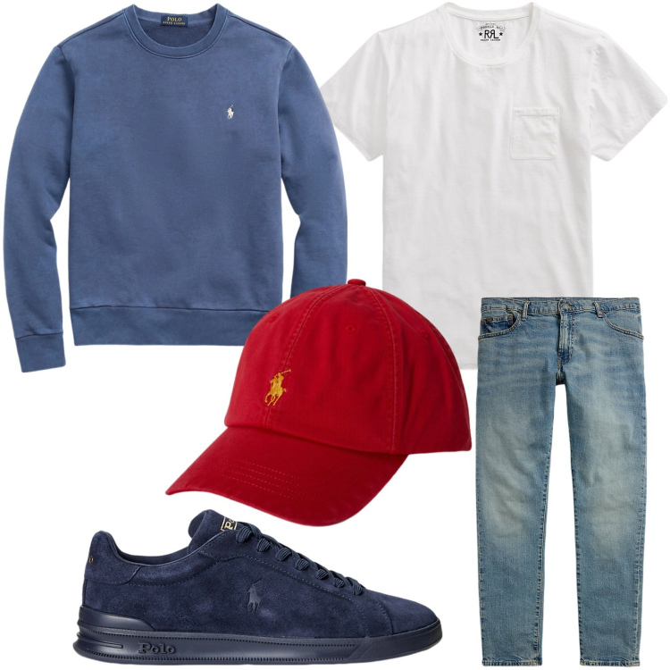 Outfit uomo - Tempi libero. Stile Trendy per Tutti i giorni. Abbinamento con t-shirt, sneakers, felpe, jeans, cappelli con visiera.