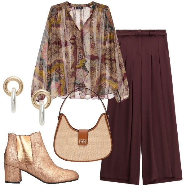 Outfit donna - Un tocco di luce d’inverno - Focus Donna. Stile Chic per Ufficio. Abbinamento con stivaletti chelsea, borse a spalla, pantaloni a palazzo, orecchini, camicie.