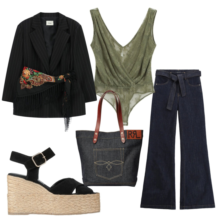 Outfit donna - Total look #2340072. Stile Glamour per Tutti i giorni. Abbinamento con espadrillas, top, blazer, jeans a zampa, borse tote.