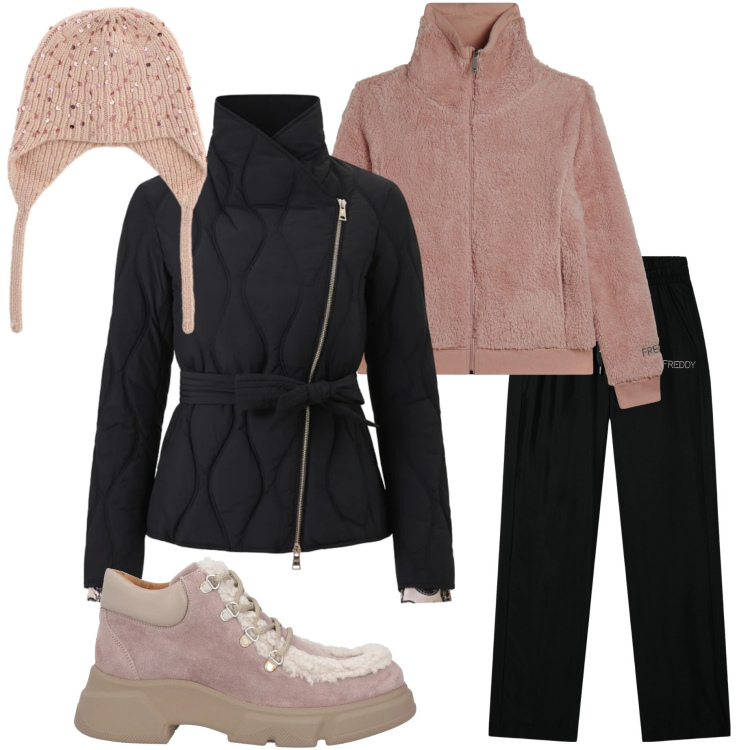 Outfit donna - Settimana bianca. Stile Casual per Tutti i giorni. Abbinamento con stivaletti, berretti, felpe, pantaloni, piumini.