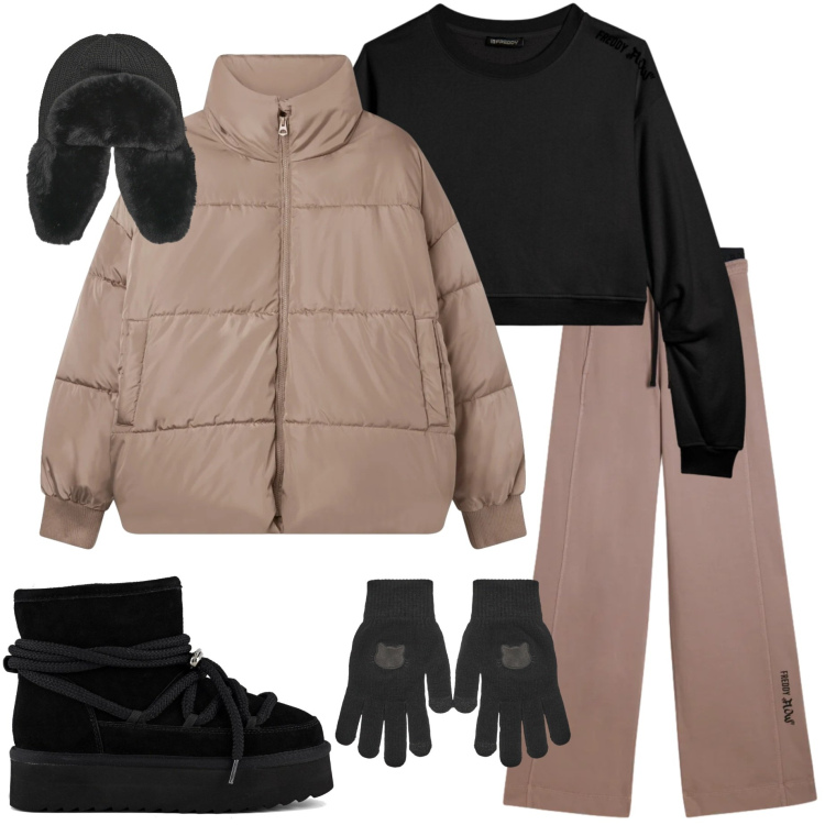 Outfit donna - Settimana bianca. Stile Casual per Tutti i giorni. Abbinamento con bomber, guanti, berretti, pantaloni sportivi, felpe, stivaletti.