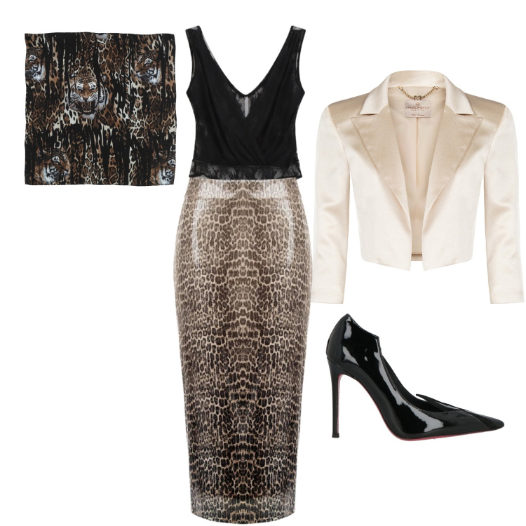 Outfit donna - Il carattere delle donne. Stile Glamour per Serata fuori. Abbinamento con décolleté, sciarpe, top, gonne longuette, bolero.