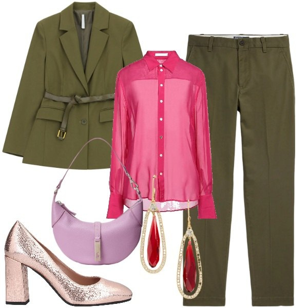 Outfit donna - Un tocco di luce d’inverno - Focus Donna. Stile Chic per Ufficio. Abbinamento con décolleté, camicie, blazer, pantaloni chino, borse a spalla, orecchini.