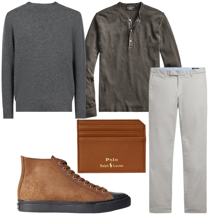 Outfit uomo - Casual. Stile Casual per Tutti i giorni. Abbinamento con sneakers, t-shirt, portafogli, pantaloni, maglieria.