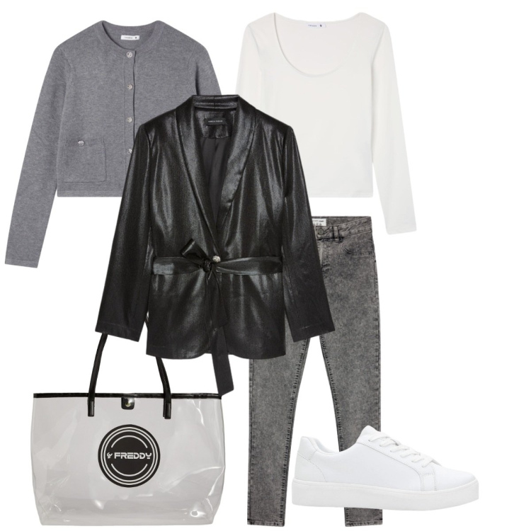 Outfit donna - Grigio. Stile Casual per Tutti i giorni. Abbinamento con sneakers, cardigans, t-shirt, jeggings, shopping bag, blazer.