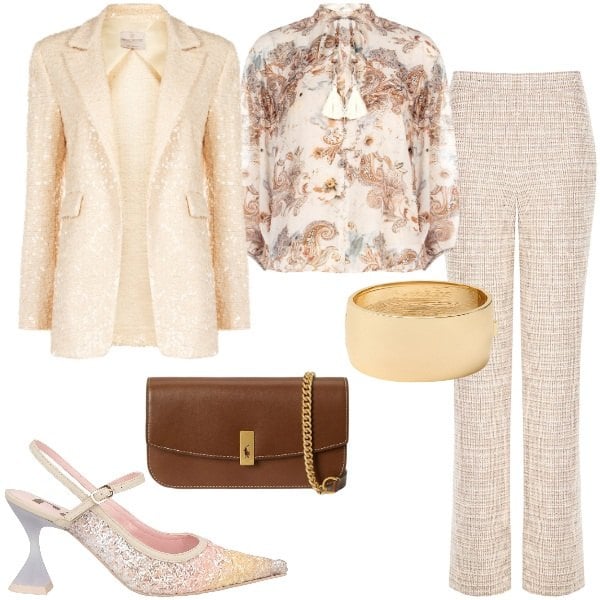 Outfit donna - Un tocco di luce d’inverno - Focus Donna. Stile Chic per Cerimonia. Abbinamento con décolleté, blazer, bluse, pantaloni a palazzo, clutch, braccialetti.