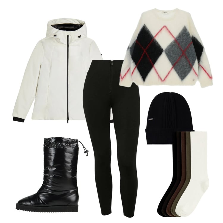 Outfit donna - Settimana bianca. Stile Casual per Sport. Abbinamento con stivali da neve, calzini, maglieria, bomber, pantaloni skinny, berretti.