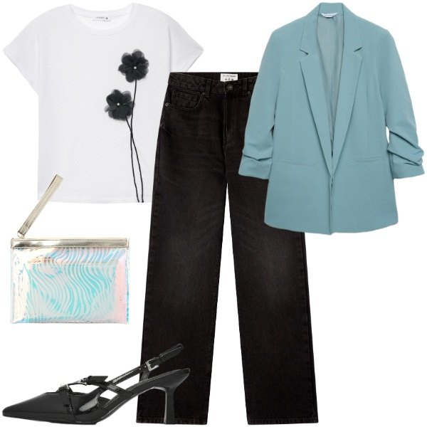 Outfit donna - Terranova - Spring Starts Here. Stile Casual chic per Tutti i giorni. Abbinamento con jeans dritti, décolleté, blazer, t-shirt, pochette.