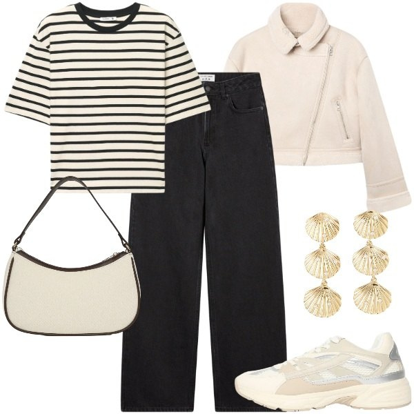 Outfit donna - Terranova - Spring Starts Here. Stile Casual chic per Tutti i giorni. Abbinamento con orecchini, jeans, giacche, sneakers, t-shirt, borse a tracolla.