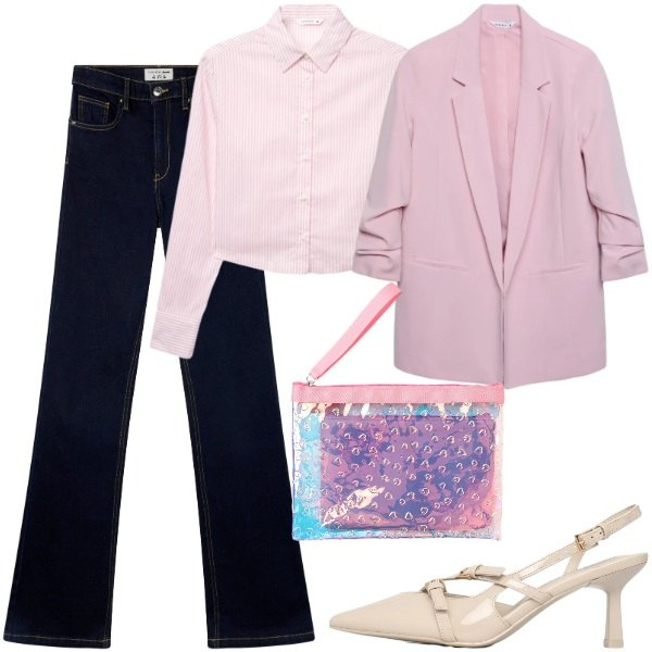 Outfit donna - Terranova - Spring Starts Here. Stile Casual chic per Tutti i giorni. Abbinamento con jeans a zampa, décolleté, blazer, camicie, pochette.
