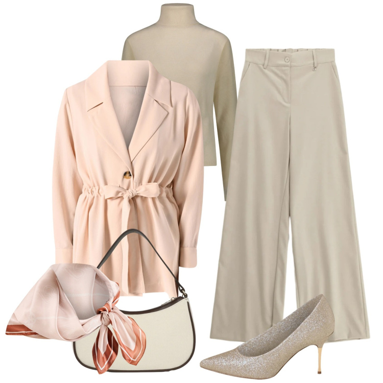 Outfit donna - Un tocco di luce in inverno. Stile Chic per Tutti i giorni. Abbinamento con pantaloni a palazzo, borse a tracolla, foulard, blazer, décolleté, maglieria.