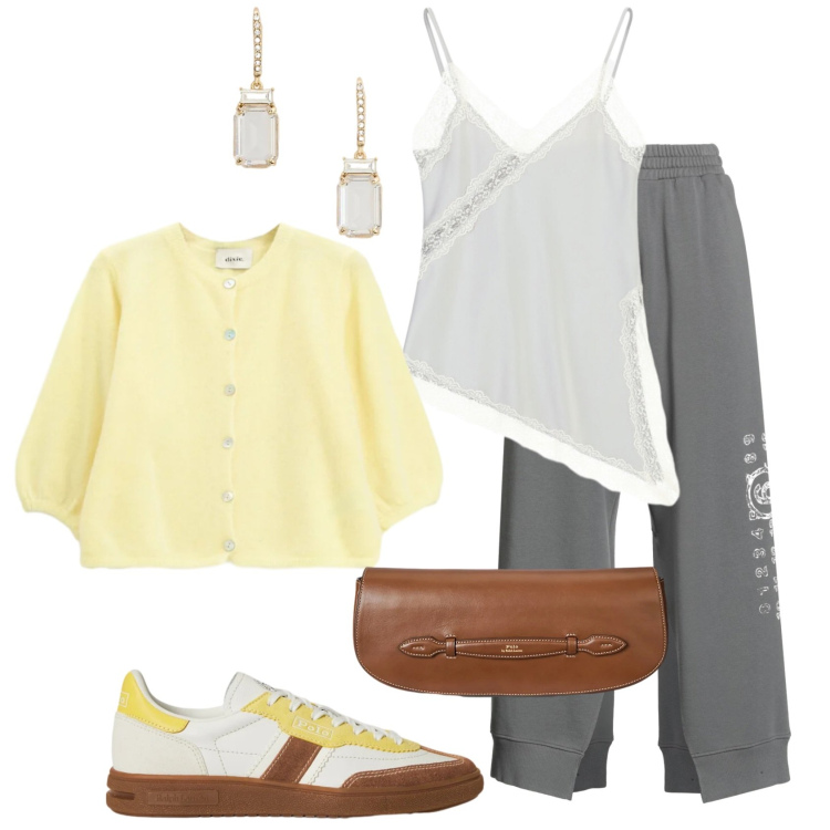 Outfit donna - Febbraio in tonalità soft. Stile Casual chic per Tutti i giorni. Abbinamento con pantaloni, canottiere, cardigans, clutch, orecchini, sneakers.