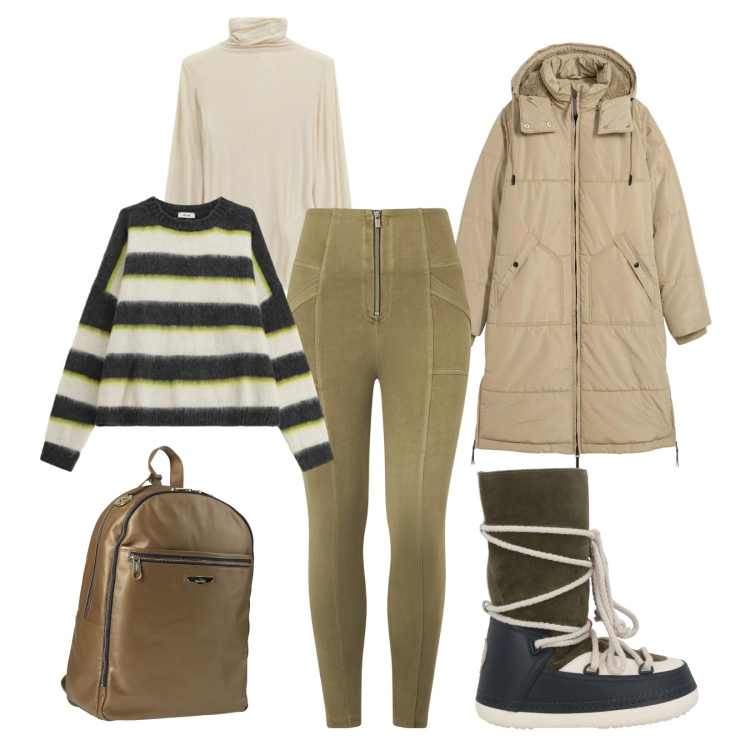 Outfit donna - In montagna. Stile Casual per Sport. Abbinamento con zaini, stivali da neve, piumini, maglieria, t-shirt, pantaloni skinny.