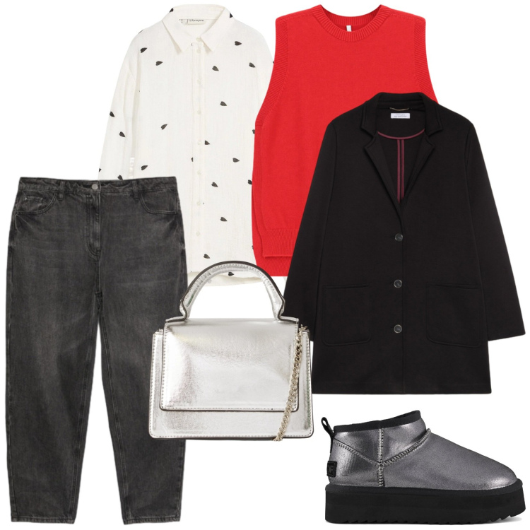 Outfit donna - Un tocco di luce. per Tutti i giorni. Abbinamento con camicie, borse a tracolla, gilet, cappotti, jeans mom, stivaletti.