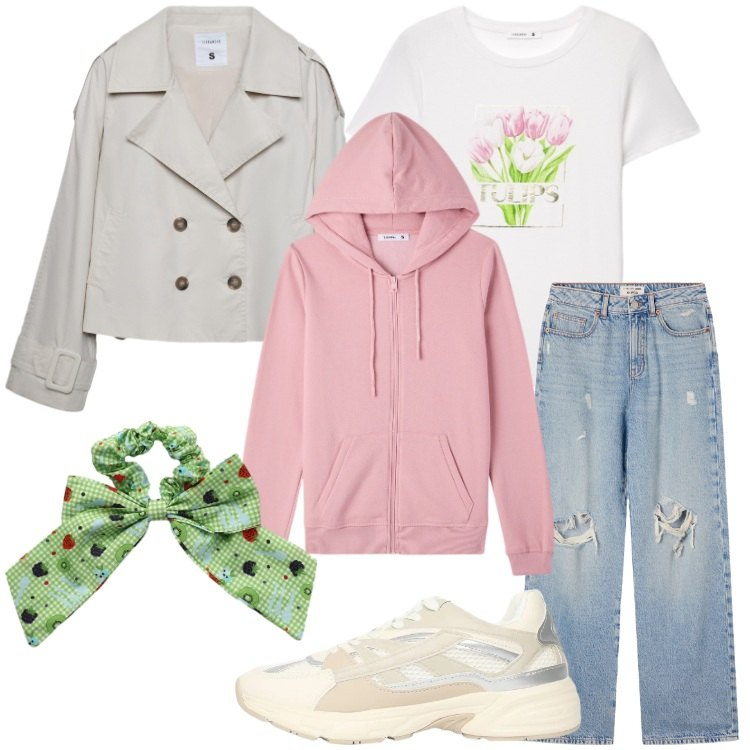 Outfit donna - Terranova - Spring Starts Here. Stile Casual per Scuola/Università. Abbinamento con jeans strappati, sneakers, caban, t-shirt, felpe con cappuccio, accessori per capelli.