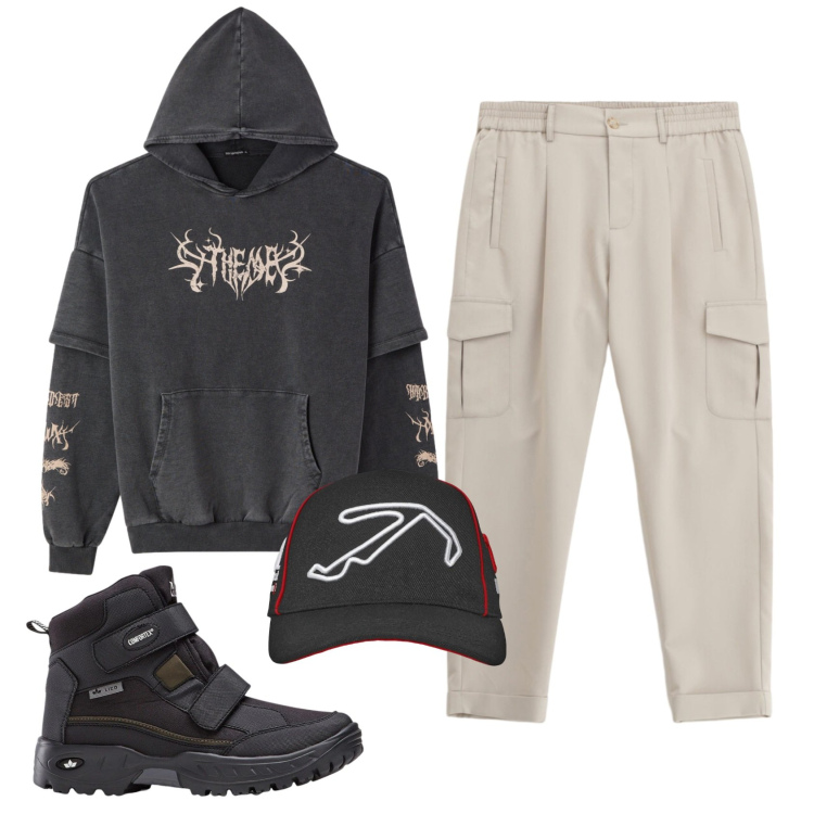 Outfit uomo - Total look #2340110. Stile Trendy per Tutti i giorni. Abbinamento con stivali e stivaletti, pantaloni cargo, cappelli con visiera, felpe con cappuccio.